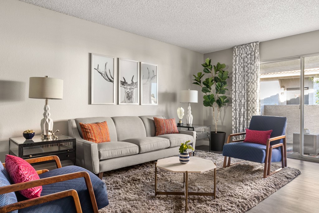 our apartments offer a living room with a sofa coffee table and chairs